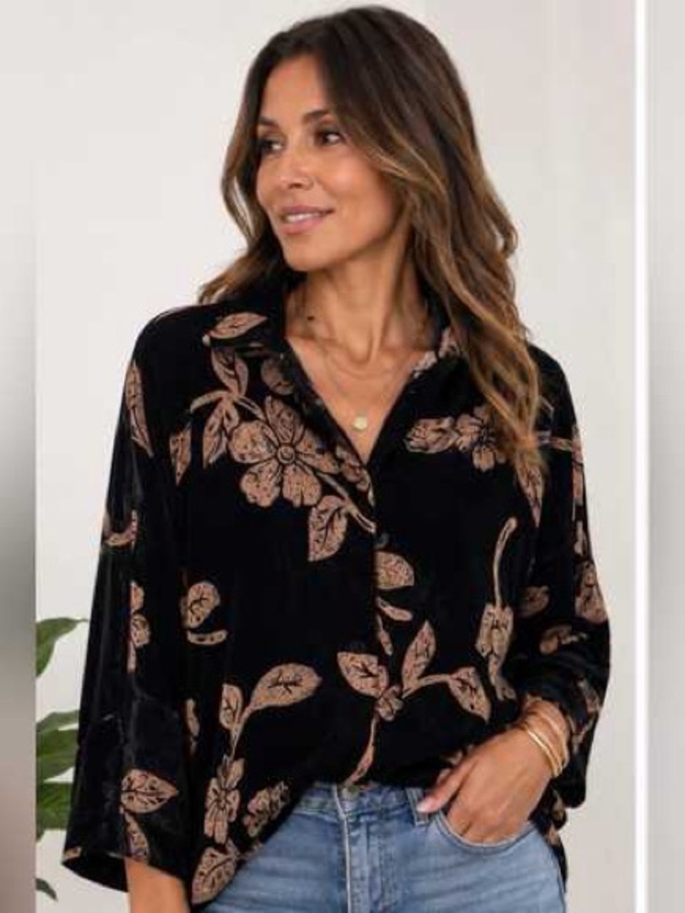 Zara Black Black Velvet Blouse with Burnout Tan Floral Motif